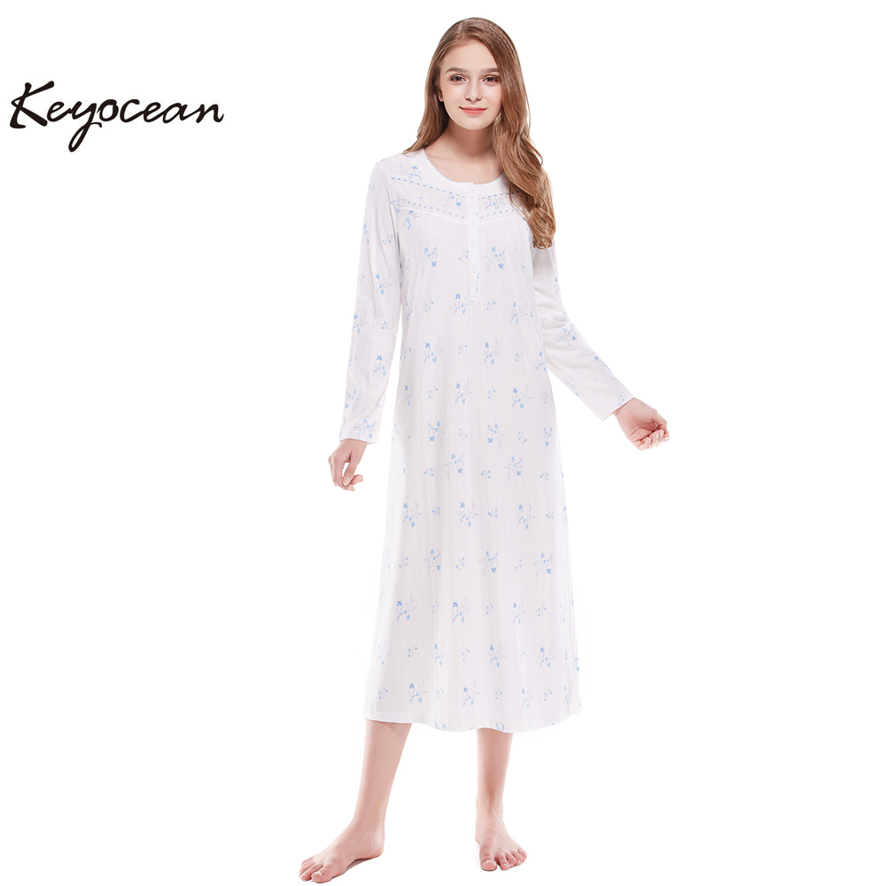 Keyocean Nightgowns for Women 100% Cotton Blue Floral Print Long
