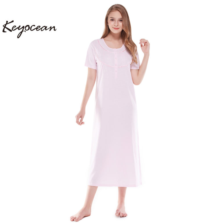 Keyocean Women's Nightgowns 100% Cotton Lace Trim Short Sleeve Solid ...