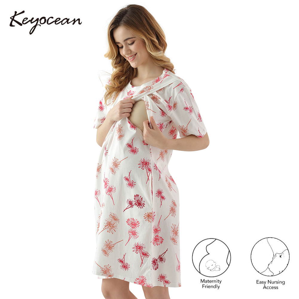 Amaira Fashion & Creation Cotton maternity feeding gown Floral pattern breastfeeding  dress